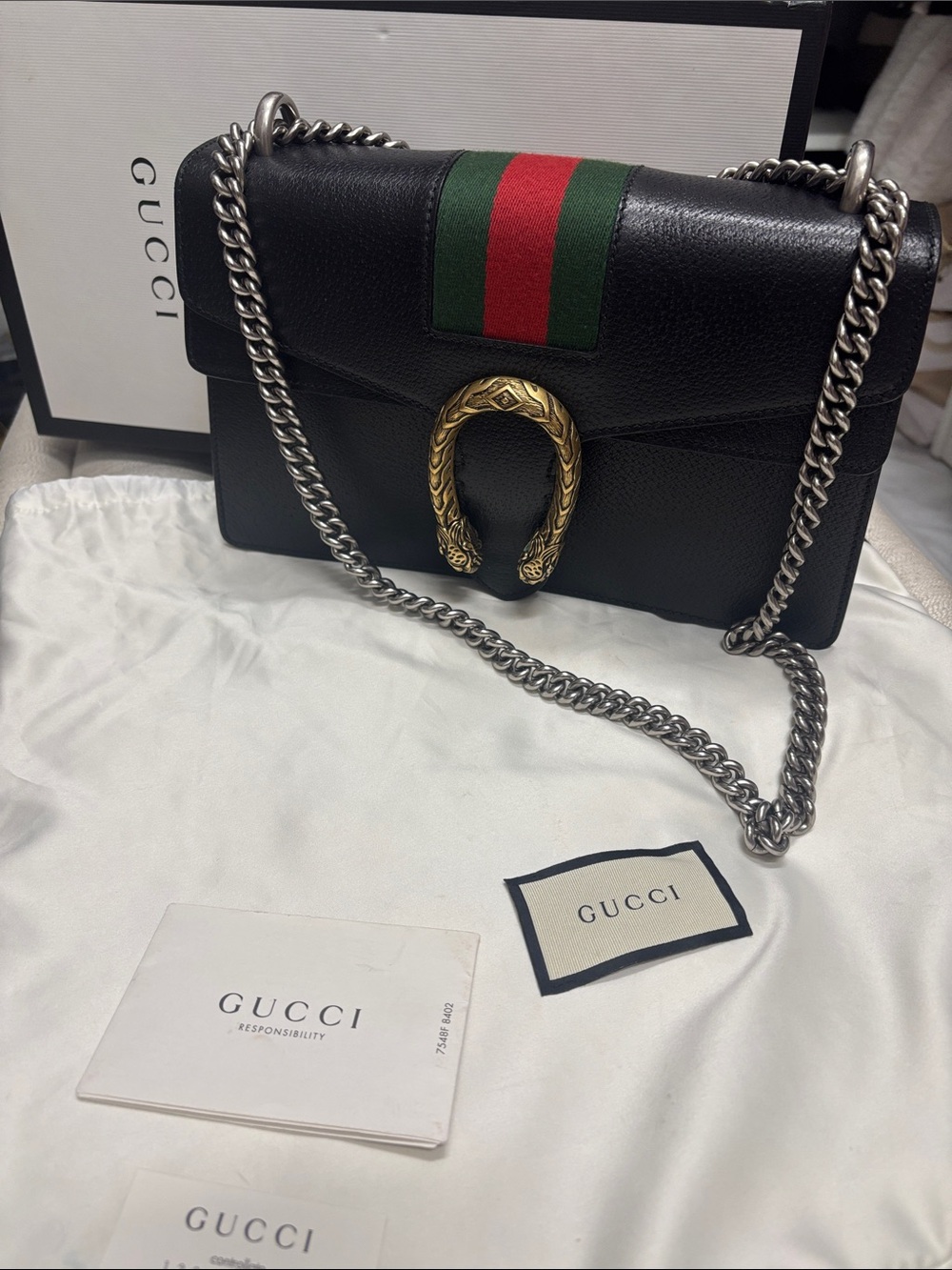 Gucci Black Leather Shoulder Bag with Green & Red Web and Gold Horseshoe